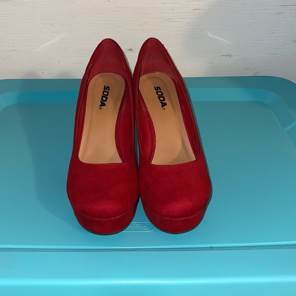 Red faux suede wedges